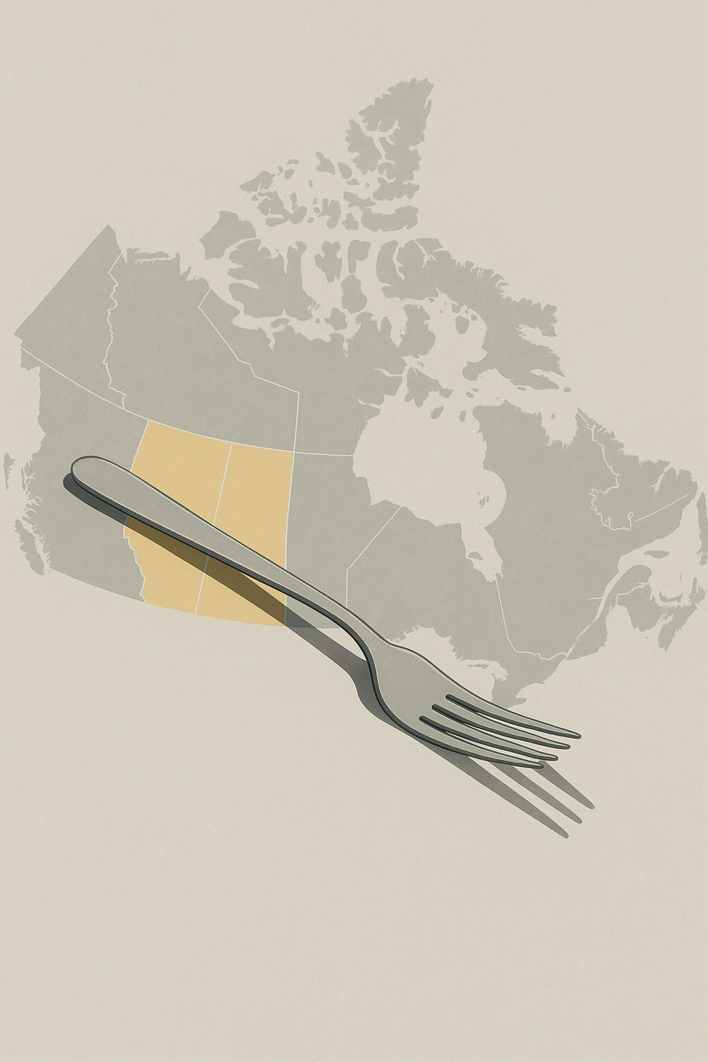 A minimalist illustration of a grey map of Canada with Alberta and Saskatchewan highlighted in wheat-gold tones. A metal fork lies diagonally across the Prairie provinces, casting a long shadow, symbolizing the tension between Canada’s food abundance and rising household food insecurity.