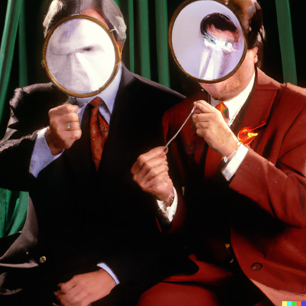 An AI-generated image of Dr. Bill Harford from Eyes Wide Shut and Chauncey Gardiner from Being There holding up mirrors An AI-generated image of Dr. Bill Harford from Eyes Wide Shut and Chauncey Gardiner from Being There holding up mirrors
