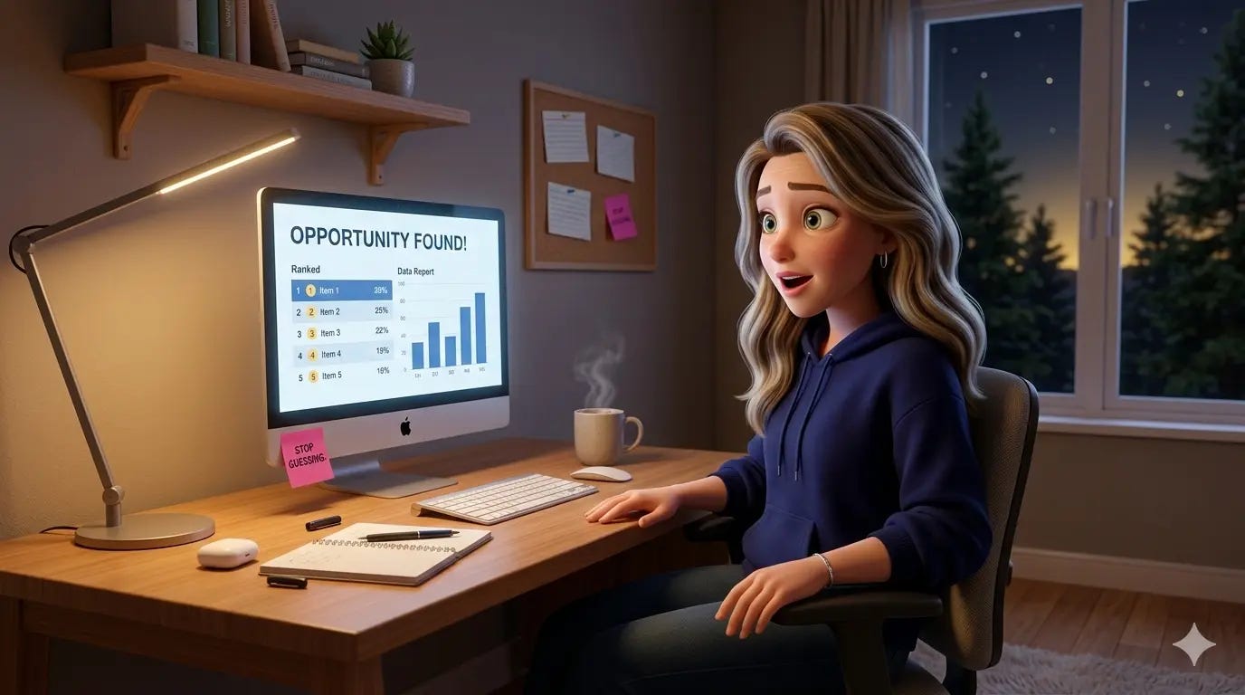 Pixar-style 3D woman in navy hoodie looks surprised at iMac showing "Opportunity Found!" research data, sticky note says Stop Guessing Pixar-style 3D woman in navy hoodie looks surprised at iMac showing "Opportunity Found!" research data, sticky note says Stop Guessing