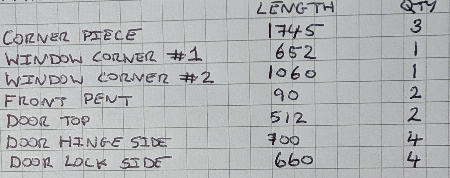hand written cut list with measurements