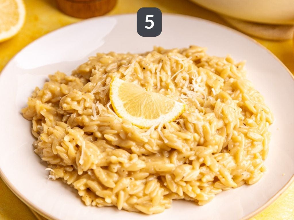 Creamy Lemon Orzo Step 5 - serve topped with vegan parm.