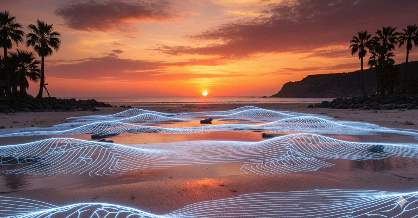 Digital waves over shore facing sunset