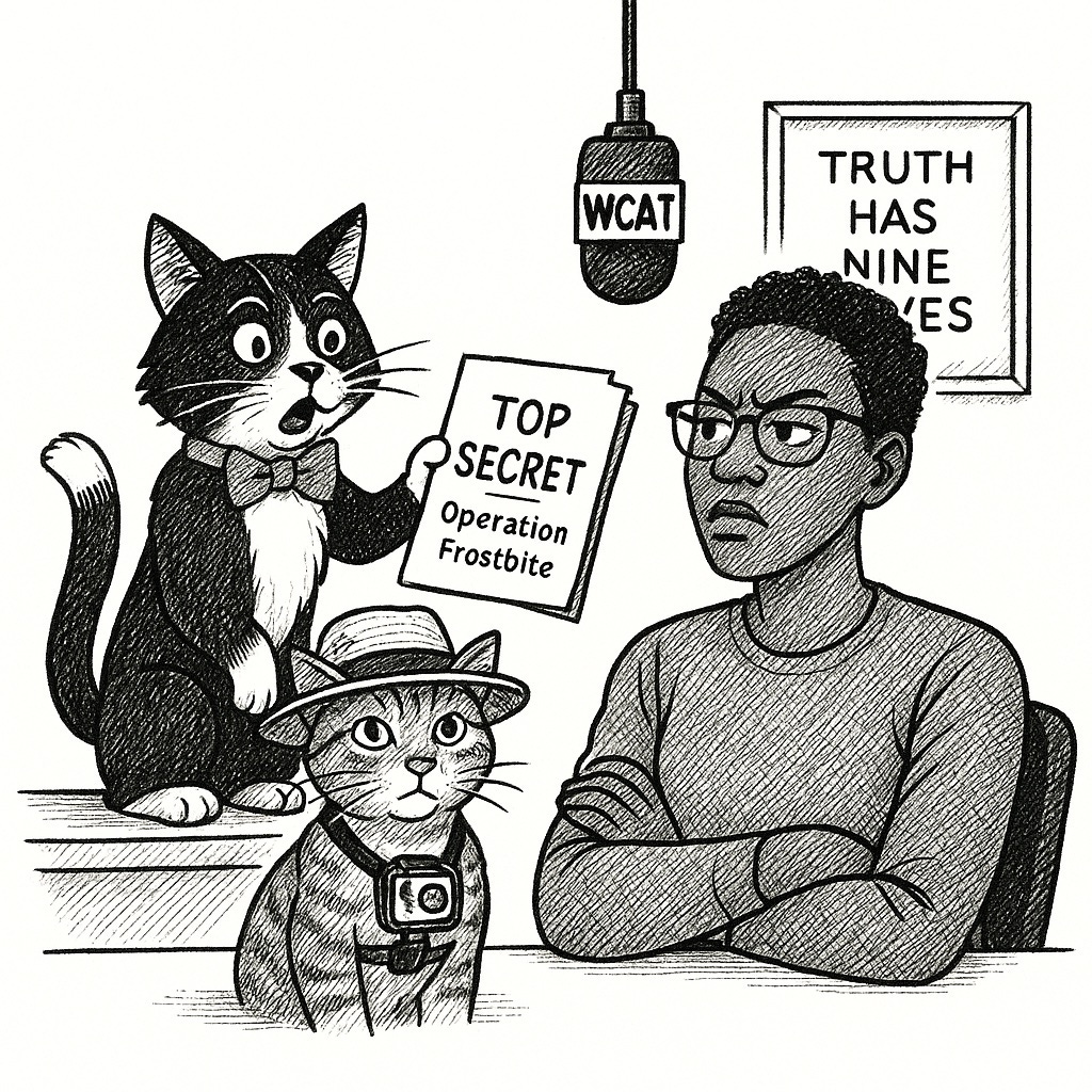 Pen-and-ink illustration of Campbell the Cat, a grey tuxedo cat in a red bow tie, waving a file labeled “Top Secret” while Doc, a tall Black woman with glasses and a short afro, folds her arms in disbelief. Behind them, Tosh Tucker, a tabby in a straw hat, adjusts a tiny GoPro, and the WCAT microphone dangles overhead. Stark white background, clean lines, no shading.