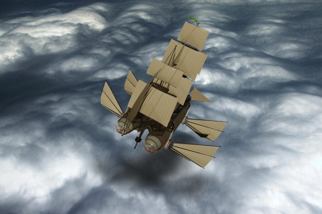 An airship flies over a sea of clouds.
