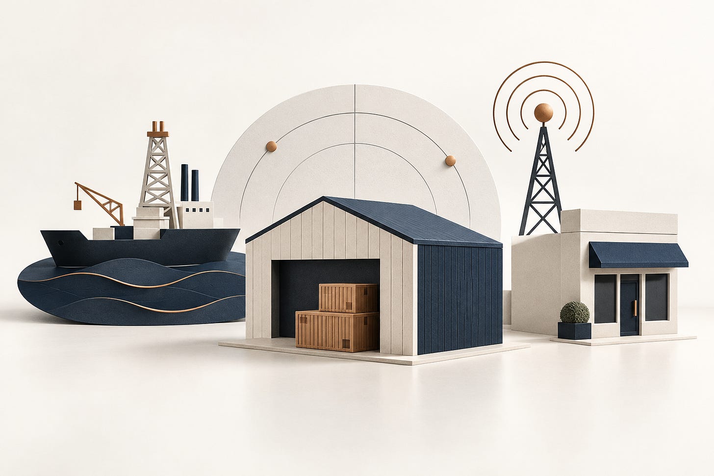 Conceptual illustration of a vessel, warehouse, shop and broadcast tower. Conceptual illustration of a vessel, warehouse, shop and broadcast tower.