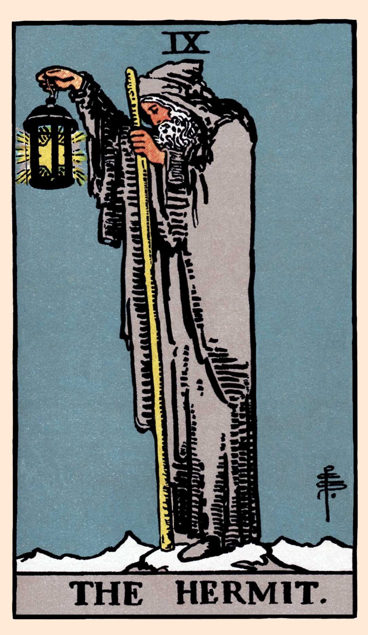 The Image of the Hermit carrying a lantern and holding a staff at night from the Rider Waite-Smith Tarot Deck