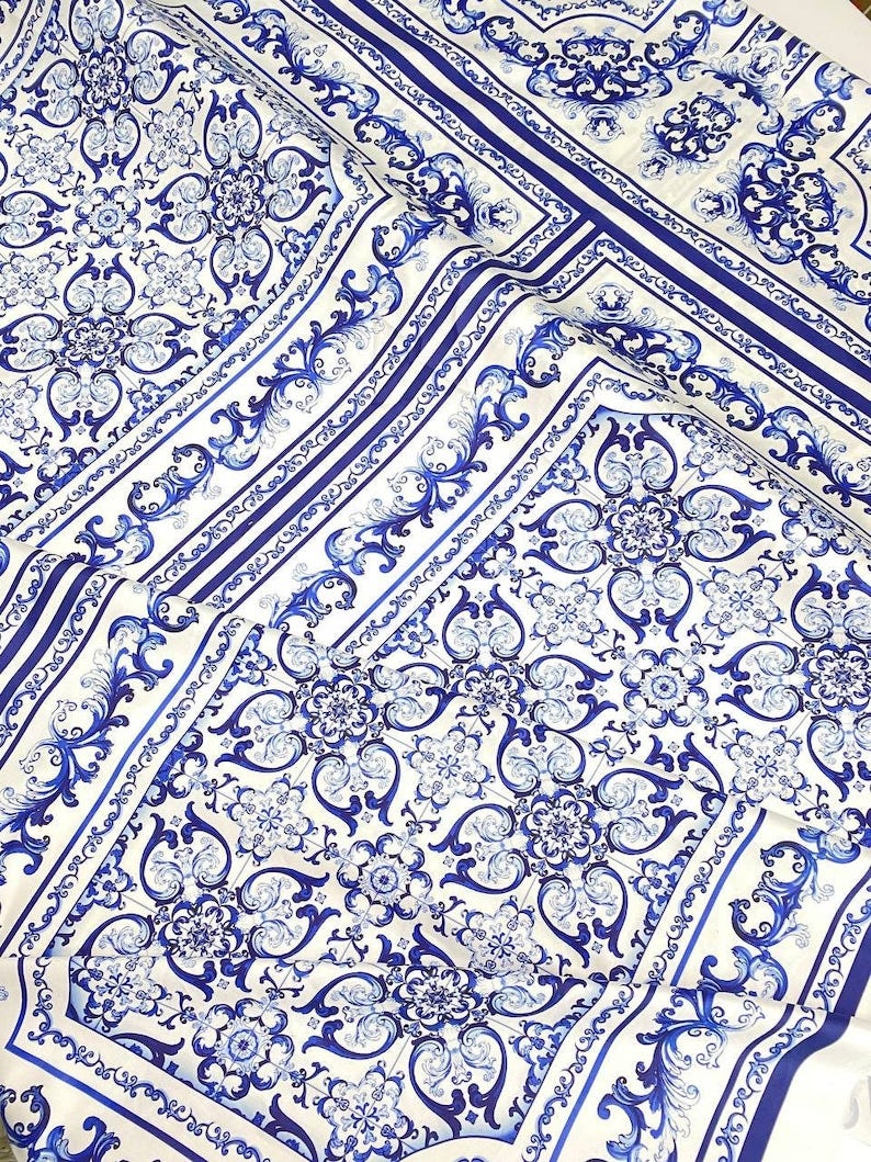 Majolica print Italian cotton fabric, sicilian print fabric, blue tile print sewing fabric for suits and sundresses Blue