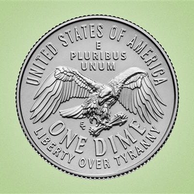 U.S. dime coin showing the eagle emblem and inscriptions. U.S. dime coin showing the eagle emblem and inscriptions.