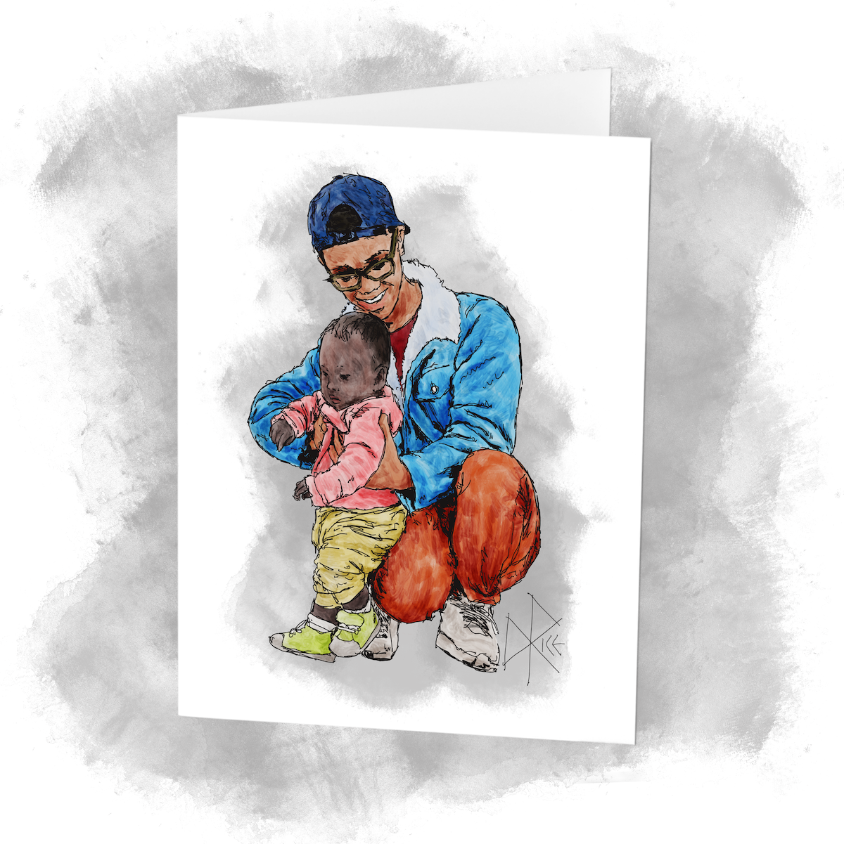 Incapable of standing solo, a baby takes a few steps while being held in a vertical posture by a squatting adult. Sketch art by Don Rice.