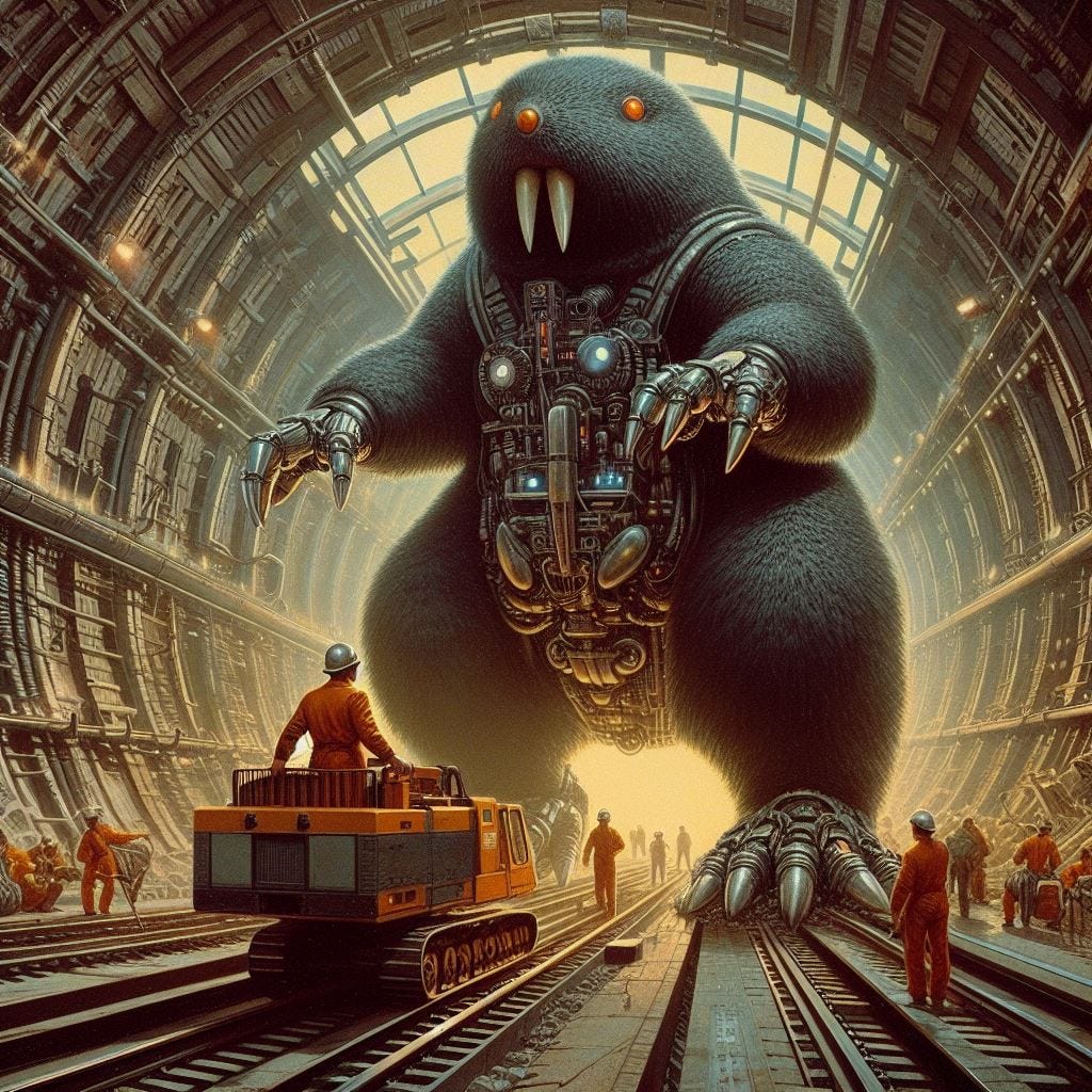 giant cyborg mole towering over a constructor worker inside of a subway tunnel, 60s sci-fi art