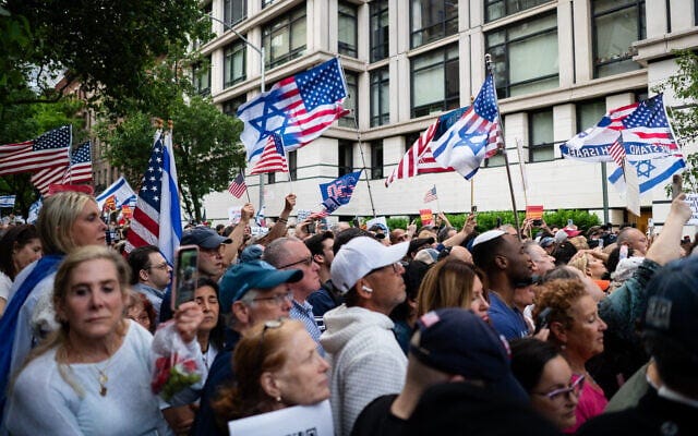 Protesters outside New York City Mayor Zohran Mamdani's residence, May 26, 2026. (Luke Tress/Times of Israel)