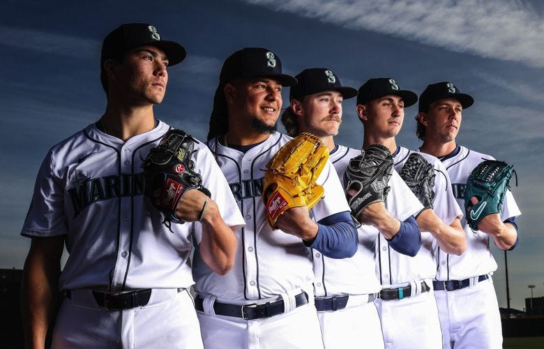 The Mariners 2024 starting pitching rotation, from left, Bryan Woo, Luis Castillo, Bryce Miller, George Kirby, and Logan Gilbert photographed Friday, February 23, 2024 in Peoria, AZ. (Dean Rutz / The Seattle Times)