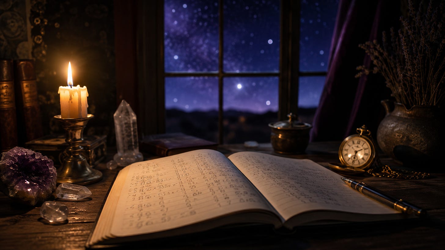 An open notebook on a desk beside a lit candle and crystals, with a starry night sky through the window behind. An open notebook on a desk beside a lit candle and crystals, with a starry night sky through the window behind.