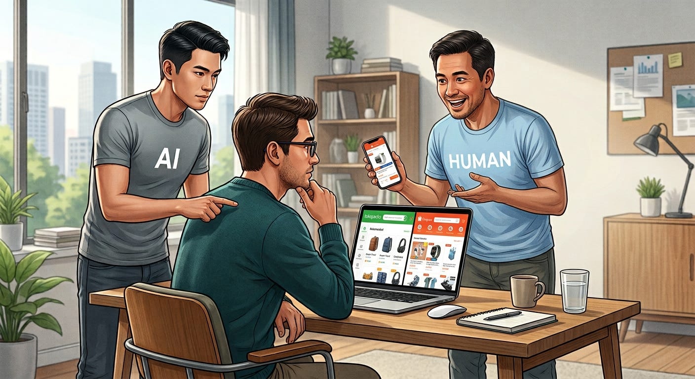 AI , human helps a man discover, compare, and decide whether to purchase a product on an online marketplace AI , human helps a man discover, compare, and decide whether to purchase a product on an online marketplace