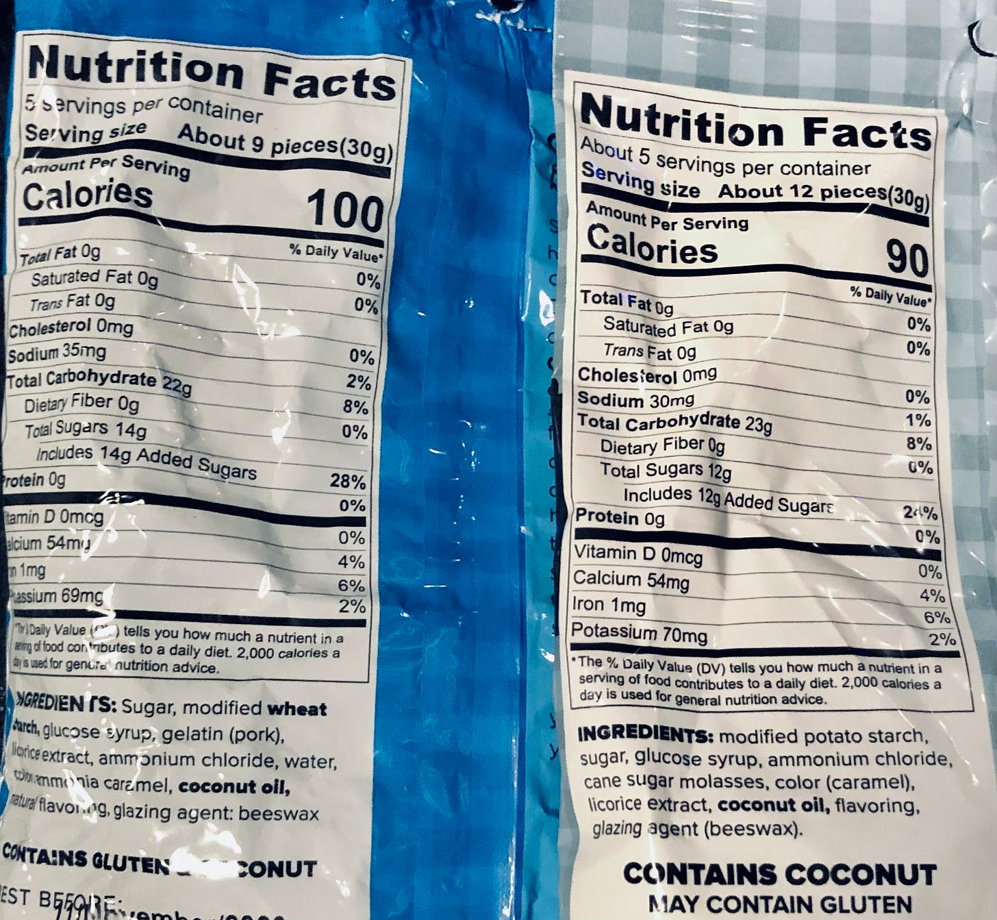Nutrition labels for lightly salted and double salted Gustaf's licorice. The lightly salted has 35 mg of sodium, and the double has 30 mg, for the same 30 g of candy. The ingredients for each one list ammonium chloride, but no salt. Nutrition labels for lightly salted and double salted Gustaf's licorice. The lightly salted has 35 mg of sodium, and the double has 30 mg, for the same 30 g of candy. The ingredients for each one list ammonium chloride, but no salt.