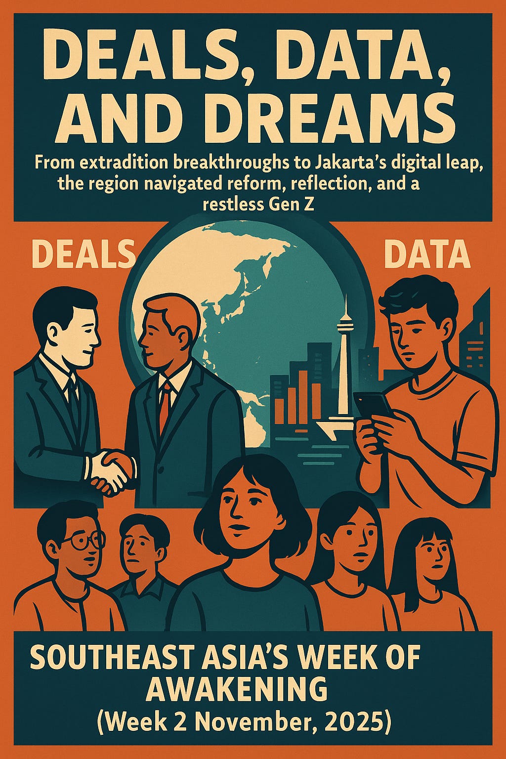 Illustration of ASEAN leaders signing a regional extradition treaty, with icons representing U.S.–Indonesia cooperation, data centers, gaming, and Southeast Asia’s sleep trends.