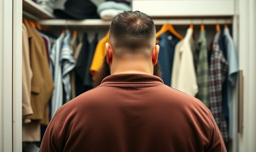 Neurodivergent adult man with a beard looks into closet while curating an autism-friendly capsule wardrobe designed for comfort, identity, and unmasking. late-diagnosed autism autism neurodivergent coaching unmasking masking