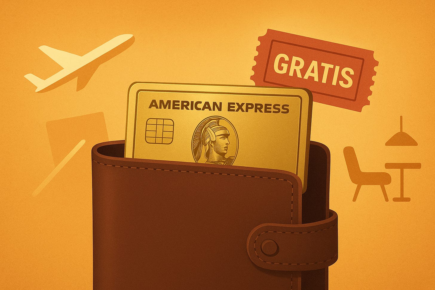Illustration of a wallet with an American Express Gold credit card.
