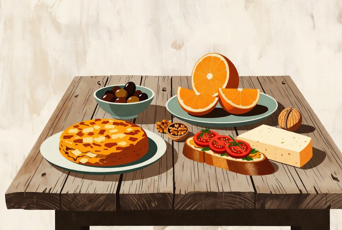 Table with tortilla espanola, olives, and oranges 