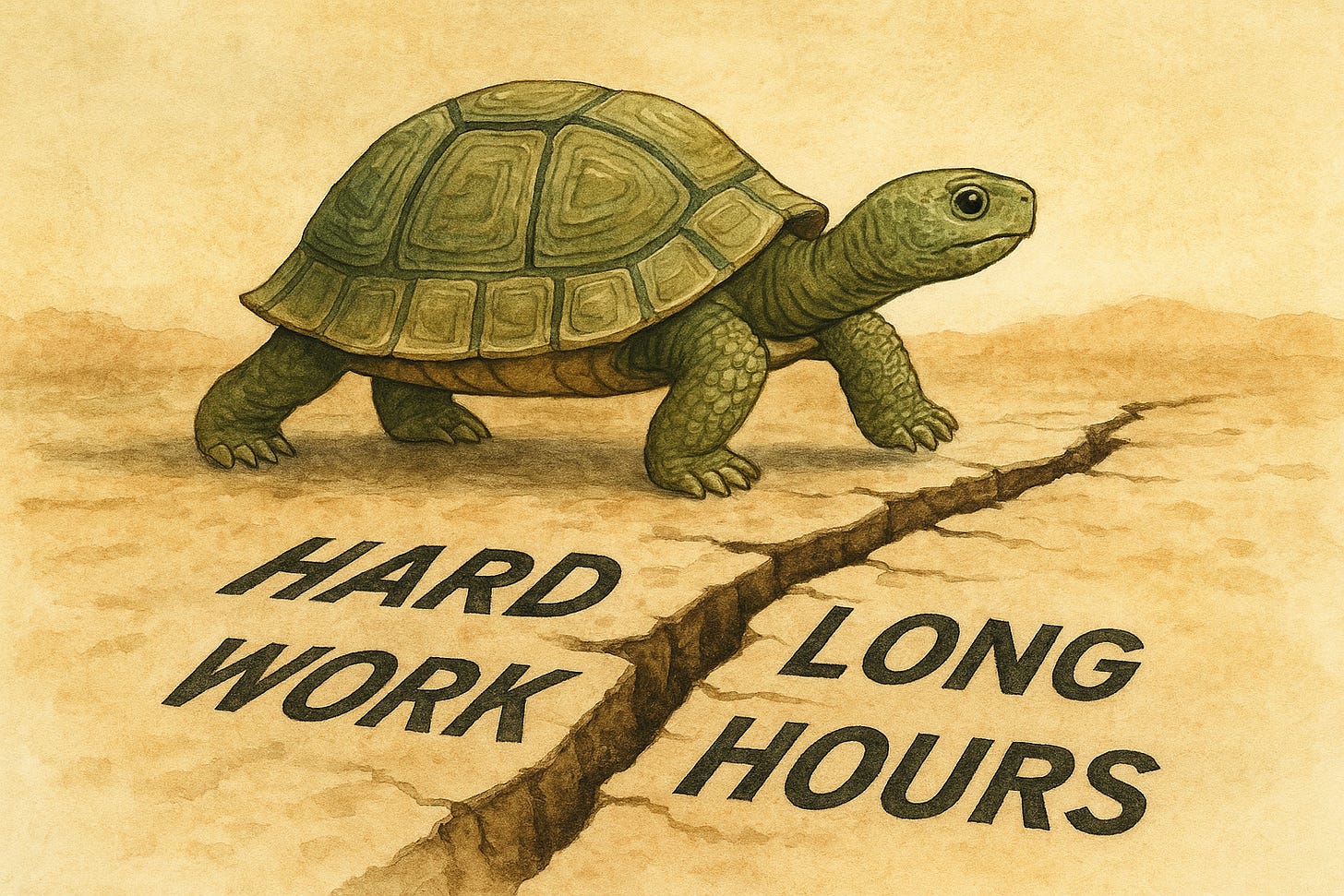 A tortoise walks across cracked ground labeled “Hard Work” and “Long Hours,” symbolizing broken success myths.