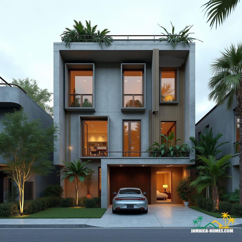 A creative Jamaican townhouse in Kingston made from stacked shipping containers and concrete blocks, bold geometric forms, large square windows, and flat roof with rooftop spa. Industrial chic detailing, rooftop garden.