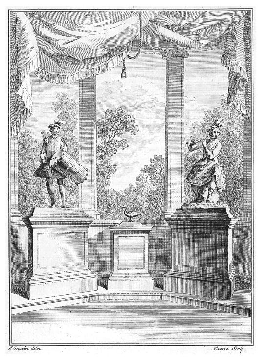 The Flute-player, the Duck, and the Pipe-and-Tabor player. Illustration from the prospectus of the 1738 exhibition of Vaucanson’s automata, Vaucanson, Le Mecanisme du fluteur automate. William Andrews Clark Memorial Library, UCLA. Image shows these three statue-looking automata on plinths with a landscape visible through windows behind them