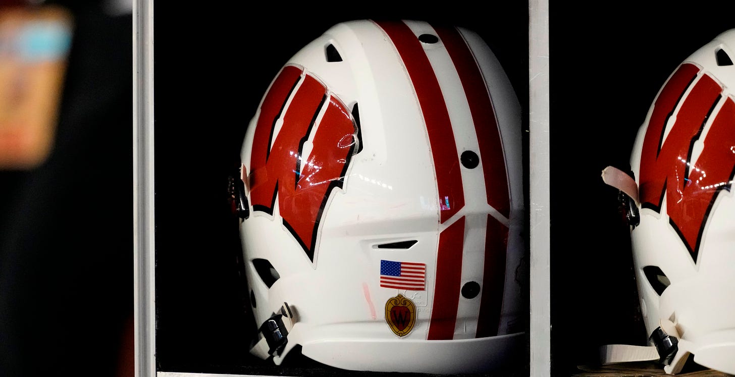 General view of a Wisconsin Badgers helmet on the sidelines during the game at Camp Randall Stadium