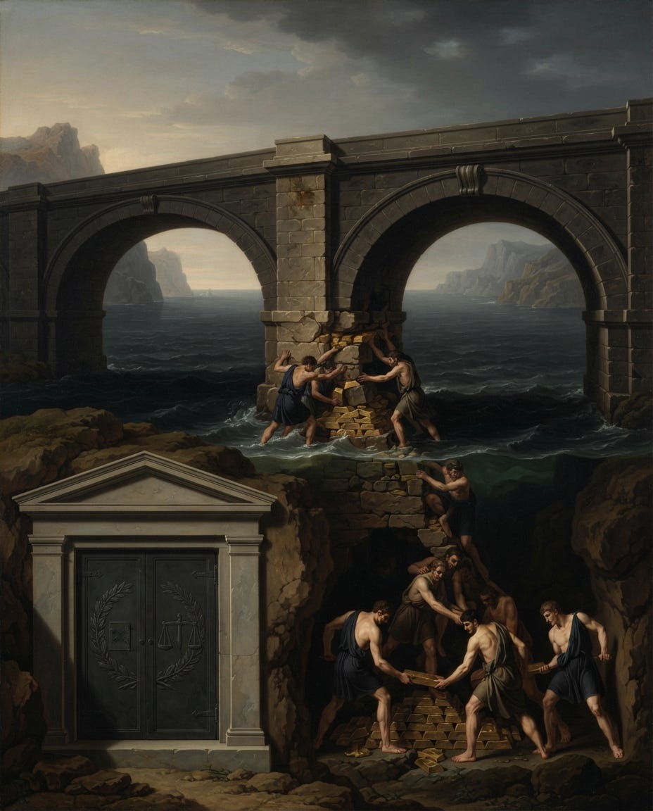 Classical editorial illustration: stability supported by finite reserves