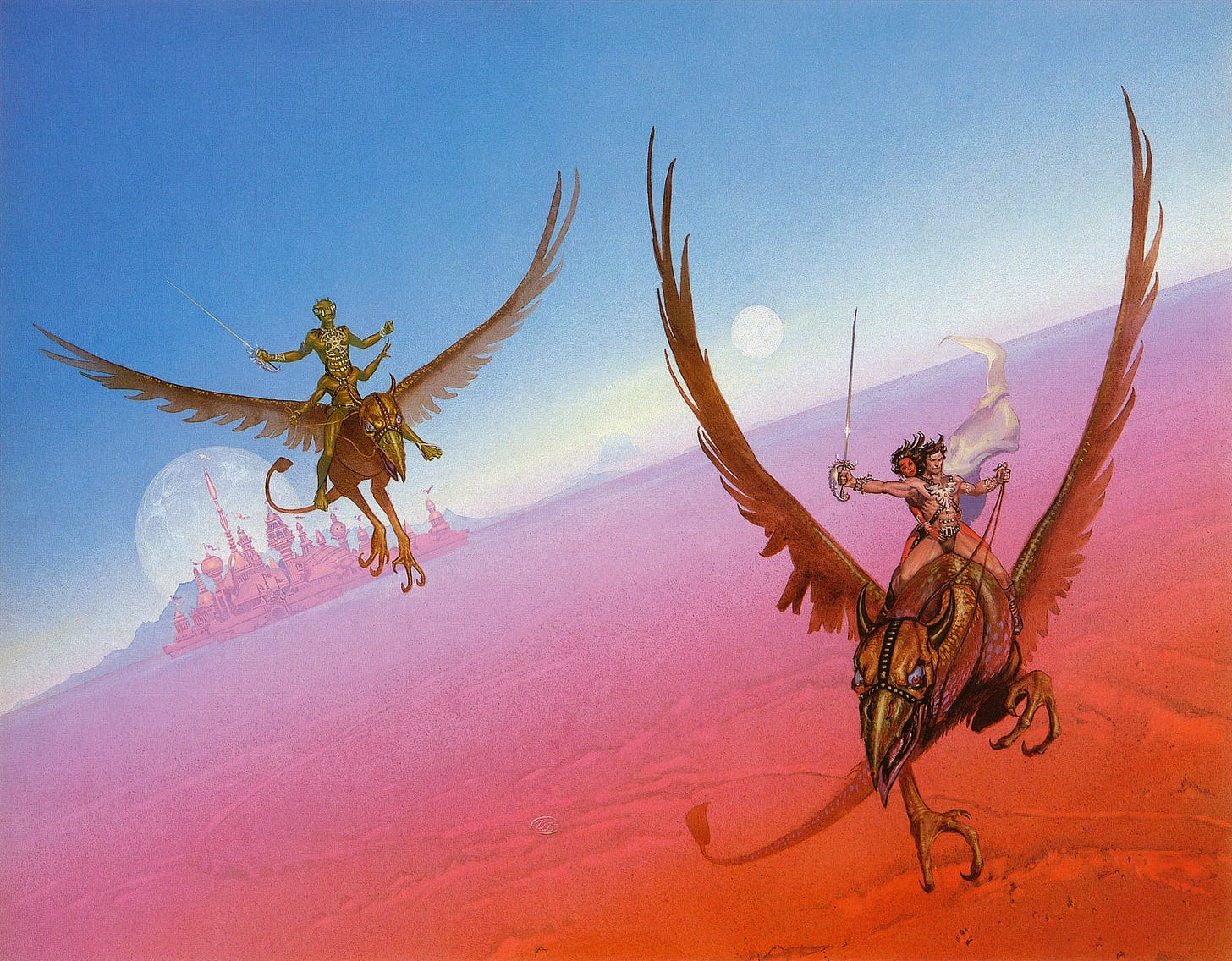 On the back of a saddled Martian bird, John Carter flies above a barren red landscape with the horizon tilted at a steep angle. His arms are spread wide as he grips reins in one hand and a rapier in the other. Dejah Thoris has a worried expression as she holds him around his waist. The bird twists with its eyes and beak pointing in a different direction than rider, giving a disorienting change in motion. Behind flies Tars Tarkas on his own winged mount. An elegant city with high reaching spires and onion-shaped peaks sits in the distance framed by a huge moon. Another smaller moon hangs bright in the gray blue sky. On the back of a saddled Martian bird, John Carter flies above a barren red landscape with the horizon tilted at a steep angle. His arms are spread wide as he grips reins in one hand and a rapier in the other. Dejah Thoris has a worried expression as she holds him around his waist. The bird twists with its eyes and beak pointing in a different direction than rider, giving a disorienting change in motion. Behind flies Tars Tarkas on his own winged mount. An elegant city with high reaching spires and onion-shaped peaks sits in the distance framed by a huge moon. Another smaller moon hangs bright in the gray blue sky.