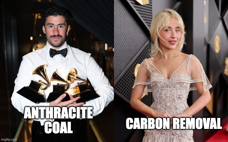 Two red carpet photos: a man in a tuxedo holding an armful of Grammy trophies, labelled "Anthracite coal," beside a woman in a gown with none, labelled "Carbon removal."