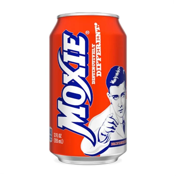 A can of Moxie, featuring the "Moxie Man"