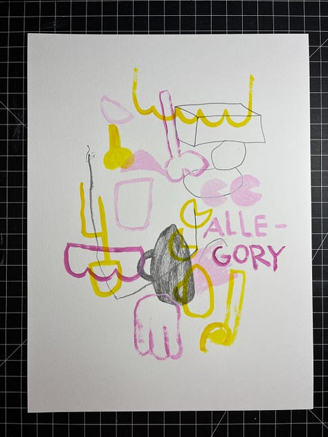A group of three paintings on paper featuring pink and yellow paint and graphite with abstract and cartoonish shapes and typographic forms