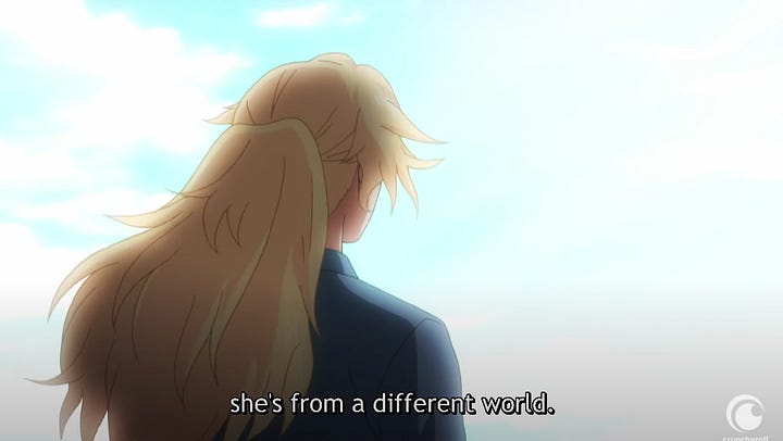 On the left, a picture of Eve with a blind fold on, next to a smug looking woman. They're in an elevator heading to an underground match. On the right, an image of Eve from behind with a sombre ambience, subtitled with "she's from a different world"
