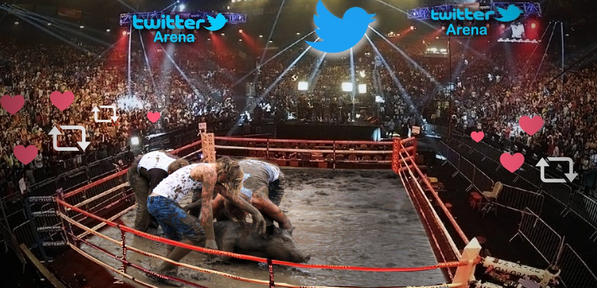 People mud wrestling a pig in an area labled "twitter"