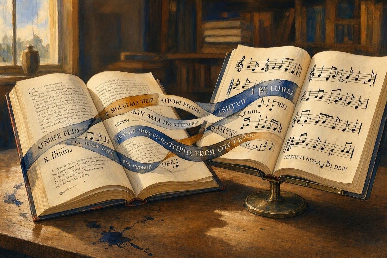 An image that projects song and narative argument as compatible and free flowing together. music so page and page to music, equally back and forth. An image that projects song and narative argument as compatible and free flowing together. music so page and page to music, equally back and forth.