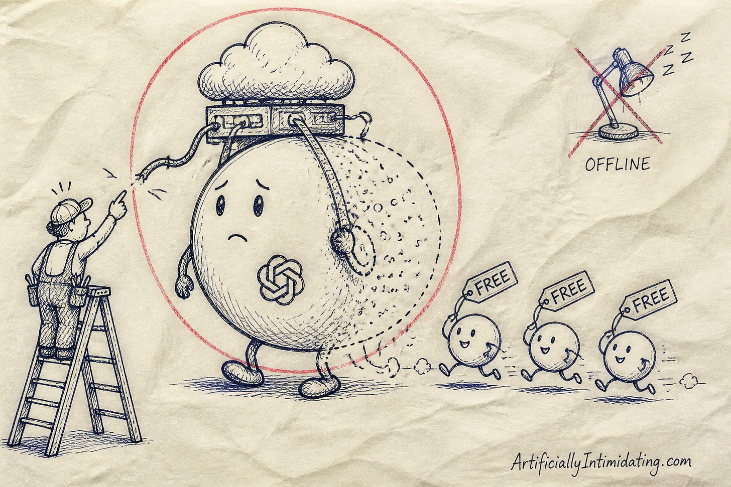 A worried round dot-shaped agent with a cloud computer on its back fading into a dotted outline while a repair worker on a ladder points at a cut cable and three small knockoff dots marked FREE run past.