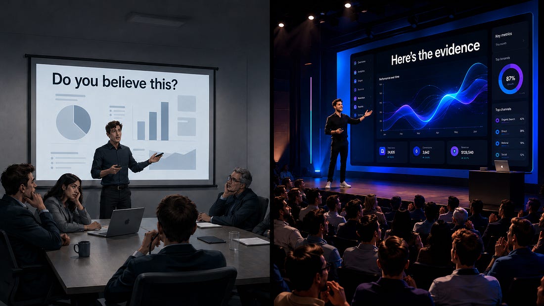 Confident founder presenting a live product demo onstage as dollar bills fly through the air and the audience celebrates. Confident founder presenting a live product demo onstage as dollar bills fly through the air and the audience celebrates.
