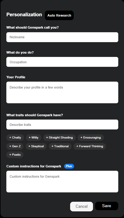 Personalization "Auto Research" in Genspark Personalization "Auto Research" in Genspark