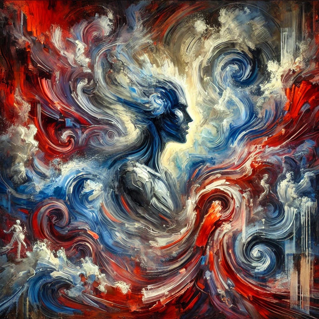 An expressive abstract oil painting inspired by Wilhelm Reich's theories on the mind-body connection and orgonomy. The composition should feature swirling, energetic forms symbolizing the flow of orgone energy, with contrasting deep reds and blues representing suppression and liberation. Layers of thick brushstrokes convey emotional tension, breaking apart in places to reveal bursts of light, suggesting moments of realization and resistance against repression. Hints of human forms, subtly embedded within the movement, reflect the struggle against character and muscular armor. The background should carry a shadowy undertone, evoking historical suppression and censorship.