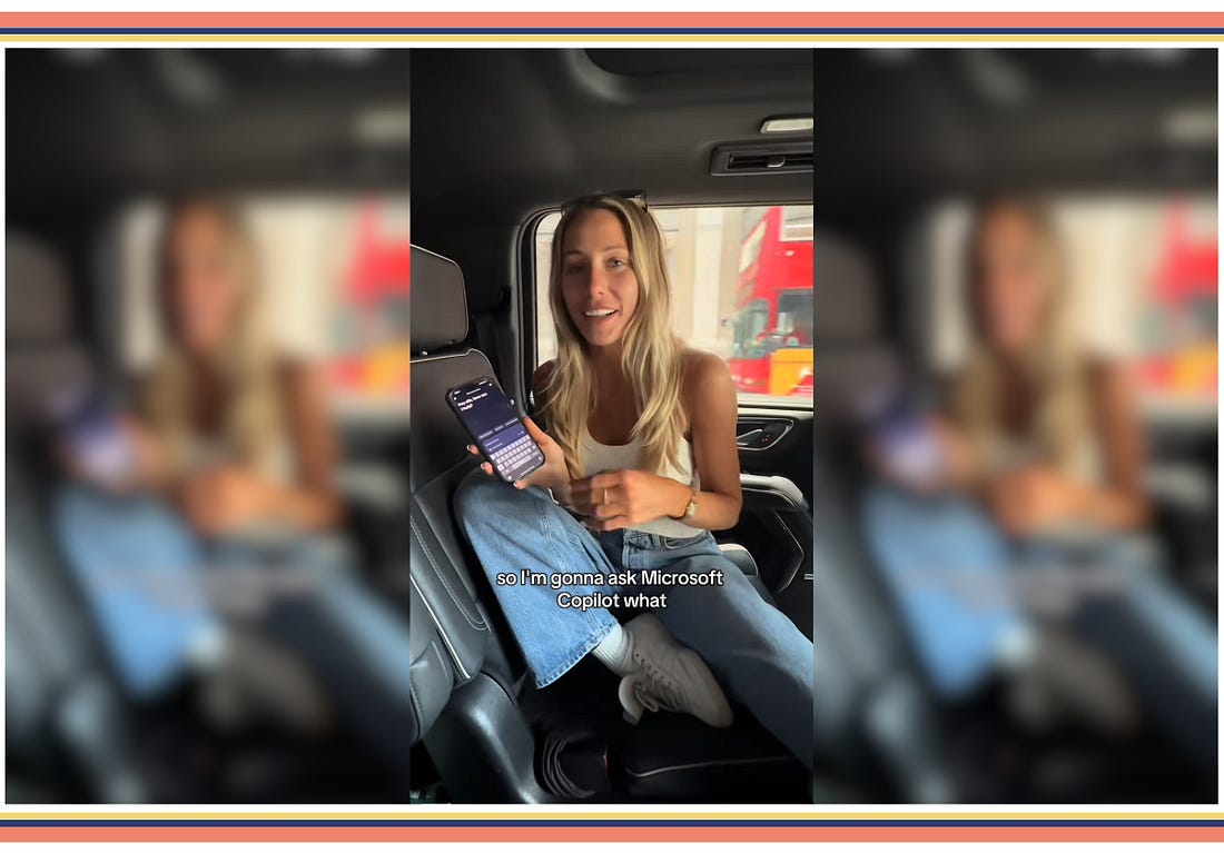 Alix Earle sitting in a car with a phone in her hands. She's saying "so I'm gonna ask Microsoft Copilot"