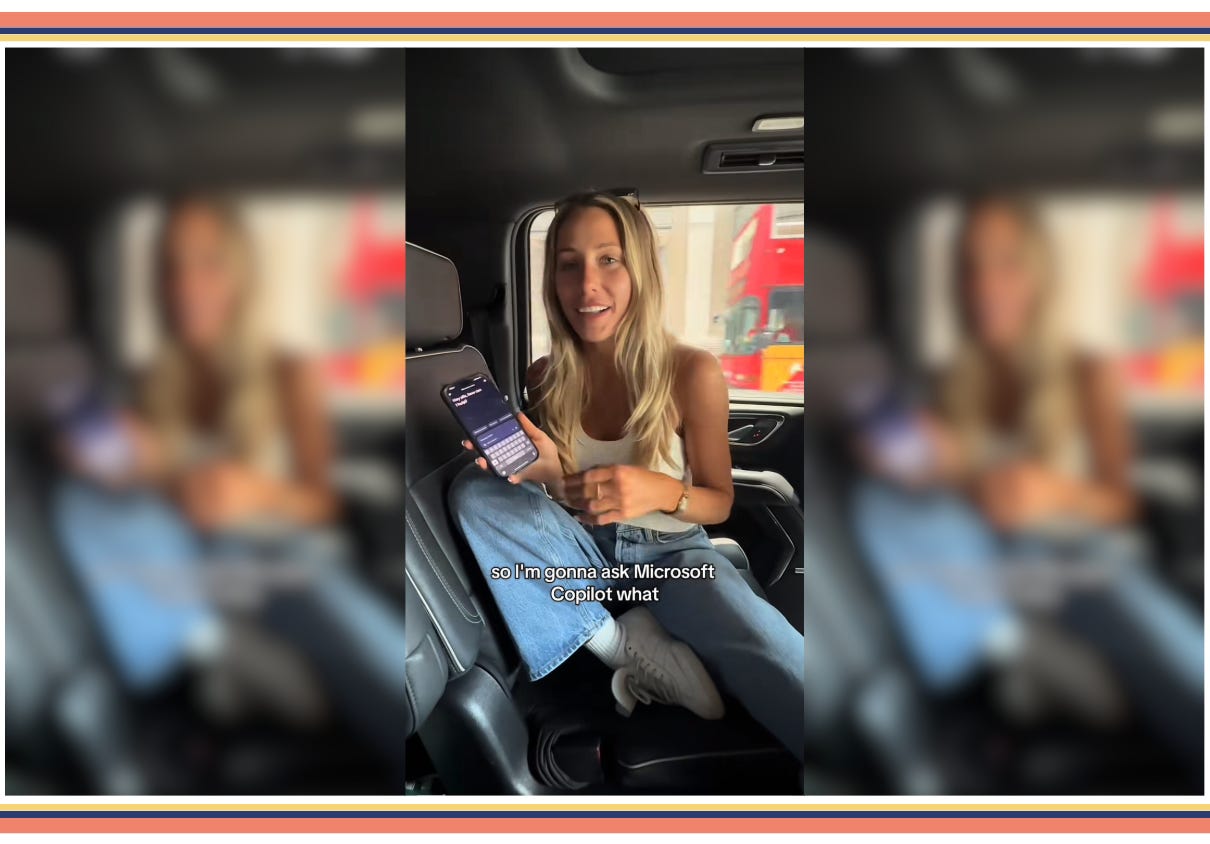 Alix Earle sitting in a car with a phone in her hands. She's saying "so I'm gonna ask Microsoft Copilot"