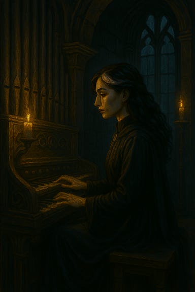Create a gothic, candlelit image of Clarion seated at the great organ of Castle Ravenloft. Use her established visual palette: a tall, statuesque priestess with solemn majesty, pale skin, and black hair with a single white streak at the front. Her presence blends reverence with quiet power. She wears dark velvet robes with silver embroidery, illuminated by the warm glow of candles. The organ should loom behind her like a cathedral relic—towering pipes, carved wood, and shadowed grandeur. Clarion sits with poised stillness, fingertips hovering above the keys, as if listening for a note only the castle can hear. The atmosphere is reverent, eerie, and intimate, with long shadows and a sense of ancient music waiting to awaken.