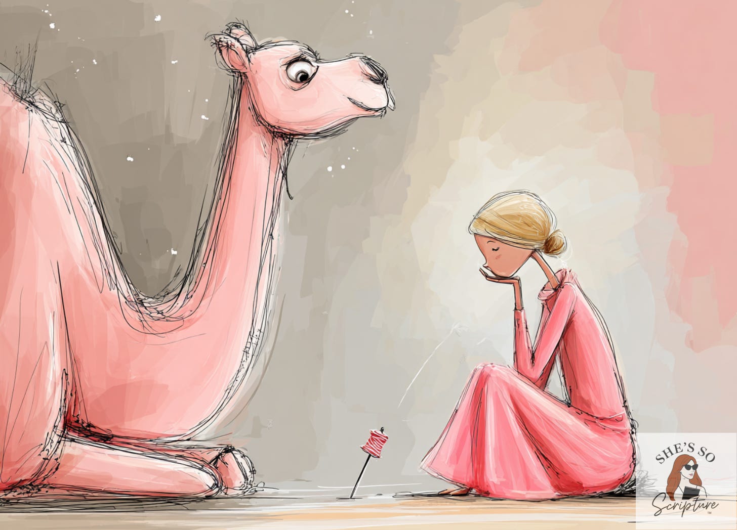 Watercolor illustration symbolizing Jesus’ teaching about the camel and the eye of the needle.