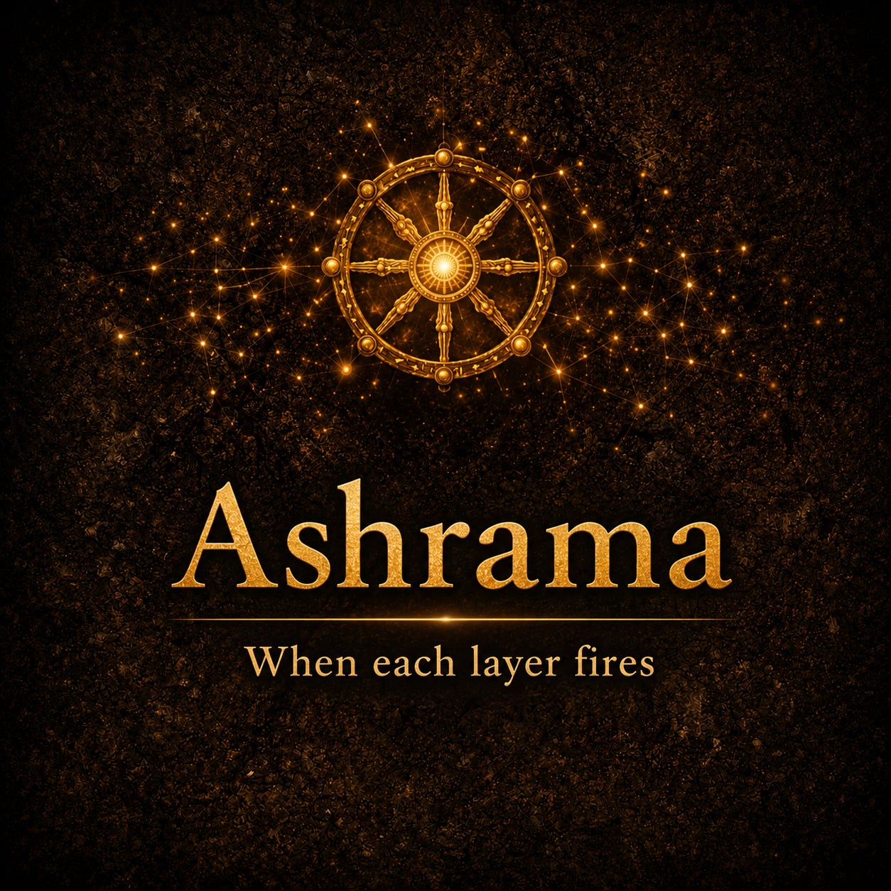 A dramatic title graphic with a dark textured background and glowing golden elements. At the top is an ornate wheel-like symbol surrounded by sparkling interconnected lights. Large gold serif text in the center reads "Ashrama." Beneath it, smaller text says: "When each layer fires." The overall design has a mystical, epic, and cinematic feel.