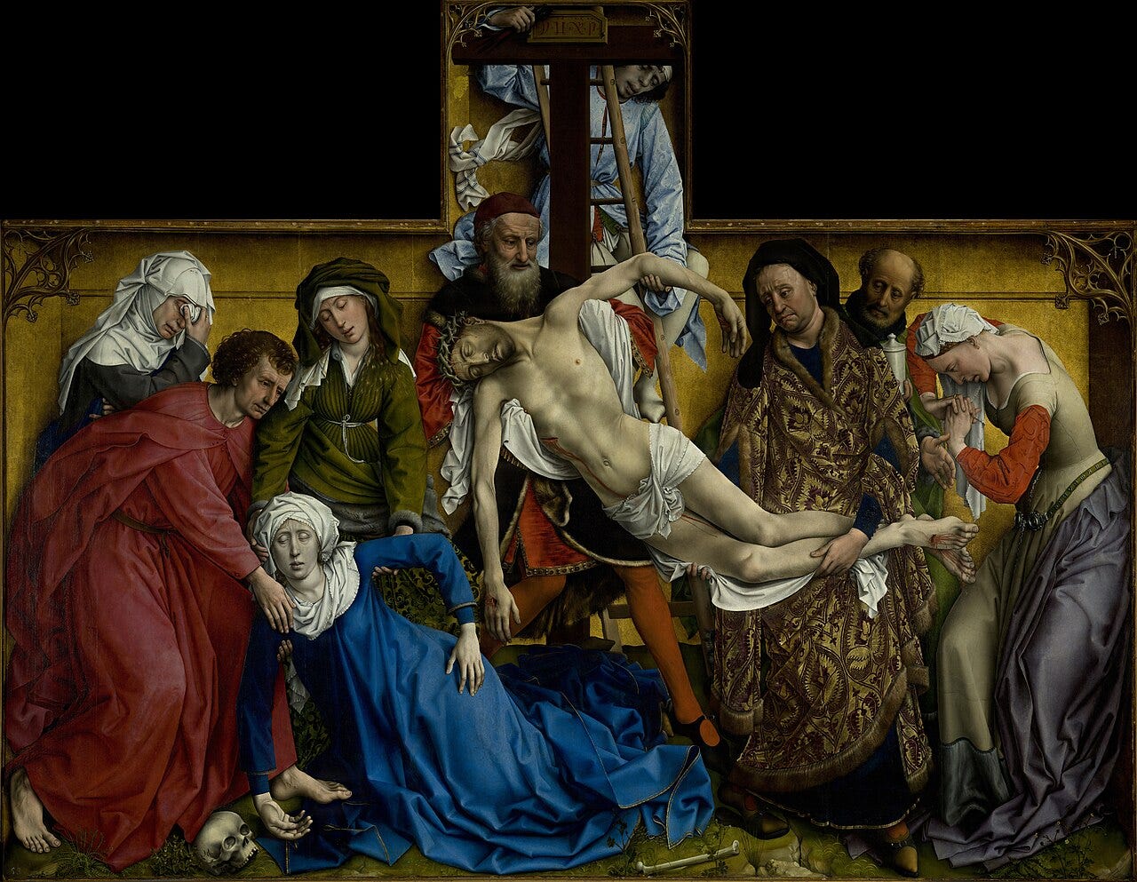 Mourners weep as the dead Christ is lowered, the fainting Virgin mirroring his pose Mourners weep as the dead Christ is lowered, the fainting Virgin mirroring his pose