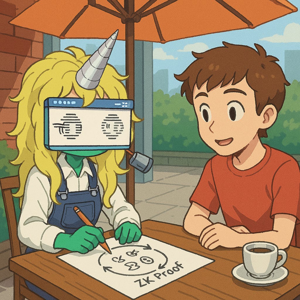 A colored anime-style image, telling a story. Main character is the blond girl with cypherpunk-terminal eyes attached (DataBabie-2979-no-bg.png).  The girl is sitting at an outdoor coffee table with a boy. She has a white paper in front of her and a pencil in her hands, drawing a diagram illustrating how ZK-Snarks work. On the paper we can read "ZK Proof", and the diagram has cryptic drawings in the midle of a circle made of two opposing arrows.