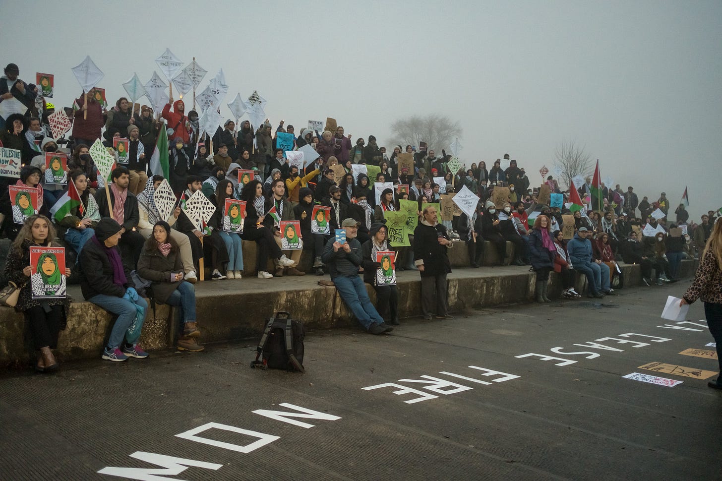 A crowd holding signs, some shaped like kites, sit on concrete steps at Lake Michigan in Chicago.