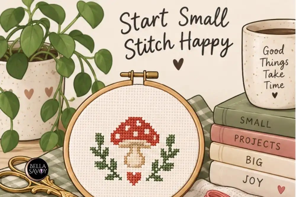 Small mushroom cross stitch project in a hoop surrounded by embroidery floss, scissors, books, a mug, and a potted plant, illustrating the idea of starting with a simple project.