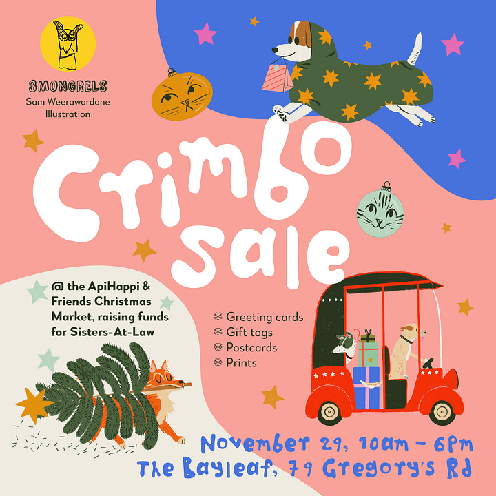 Promotional flyer for the market and a card featuring a dog in a raincoat running through the rain dangling a gift bag from its mouth.