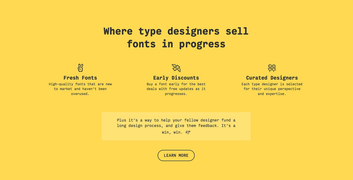 Future Fonts marketing page headlined "Where type designers sell fonts in progress," listing fresh fonts, early discounts, and curated designers.